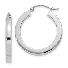 3mm, 14k White Gold Square Tube Round Hoop Earrings, 25mm 1 Inch 