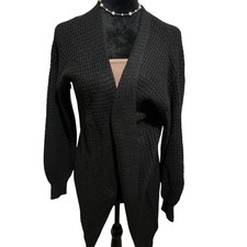 Long Black Waffle Knit Open  Front Cardigan   Size L   EUC