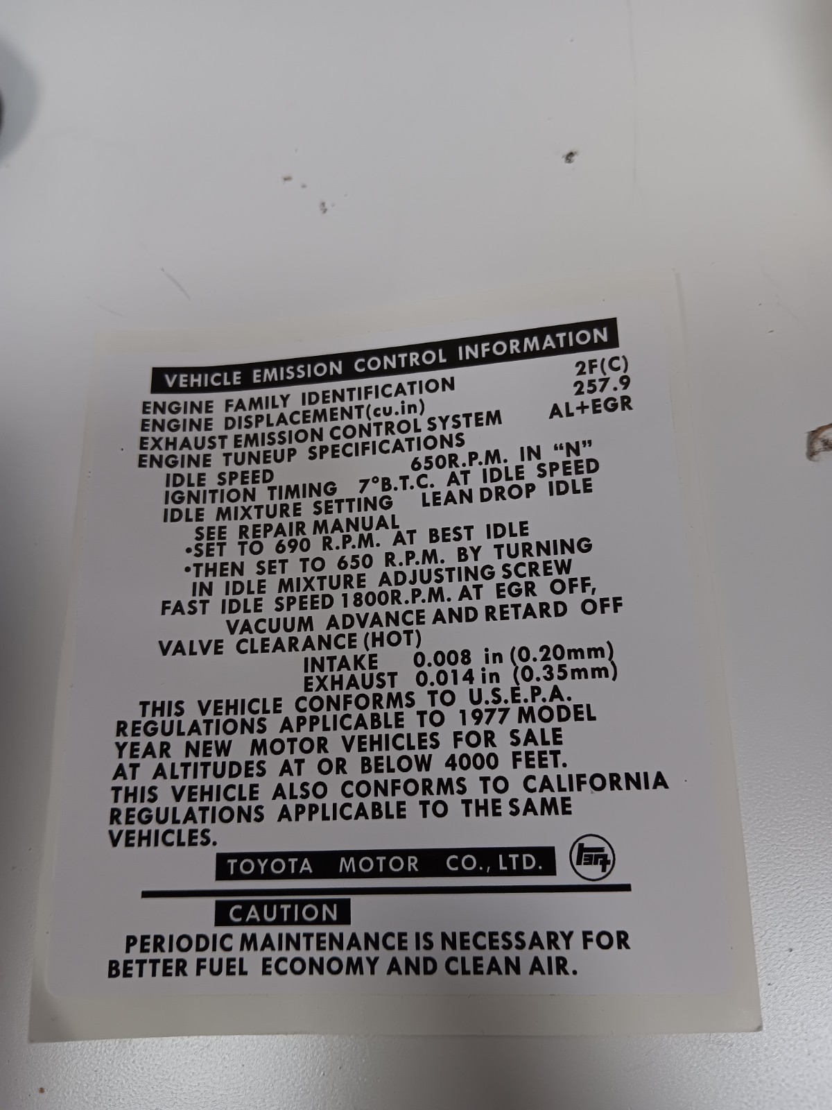 Fits Toyota FJ40 vehicle emission control information