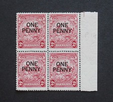 BARBADE - 1947 RARE UN PENNY SURTAXÉ MARGE MNH BLK4 RR