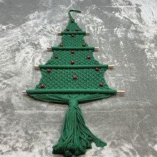 Vintage Macrame Christmas Tree Wall Hanging Boho Green w/ Red Beads