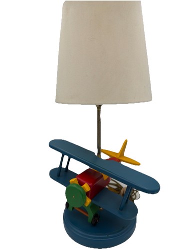 Vintage Childrens Biplane 14x10” Bedroom Table Lamp Primary Colors Nursery Wood