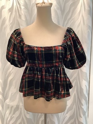Audrey Parks x Francesca s Plaid Velvet Puff Sleeve Peplum Top M
