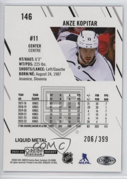 2023-24 O-Pee-Chee Platinum Liquid Metal 206/399 Anze Kopitar #146 - Image 2 of 3
