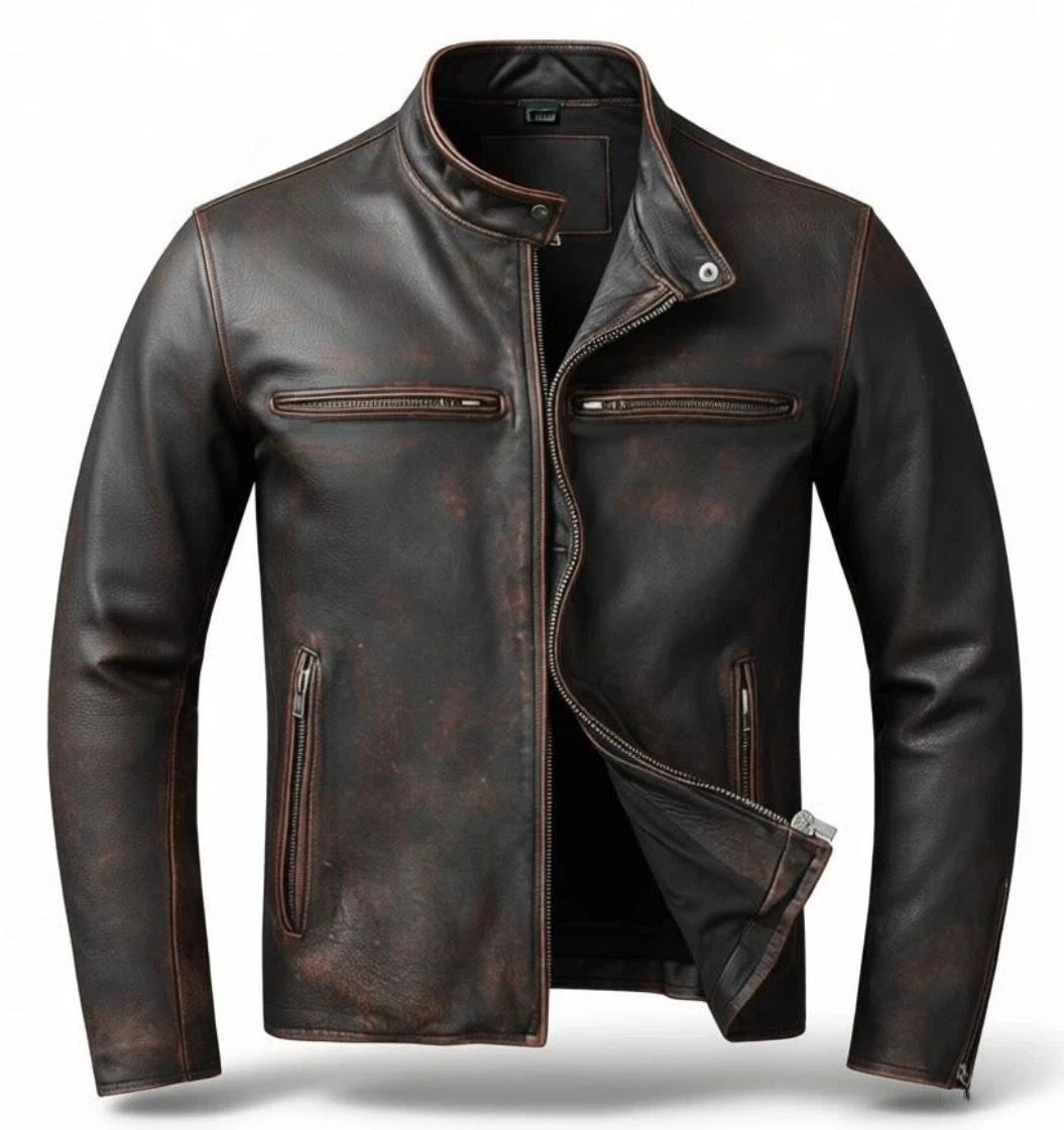Cafe Racer Men's Leather Jacket Motorcycle Biker Distressed Buffalo hide Leather