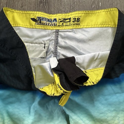 PELAGIC TUNA BOARDSHORTS Mens 38 Blue Yellow Dip Fish Scales Swim Trunks - Picture 5 of 10