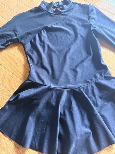 Black Long Sleeve Dance Leotard with Skirt and Rhinestone Accents