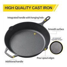30cm Cast Iron Frying Pan Non Stick Steak Skillet Round BBQ Grill Cookware UK