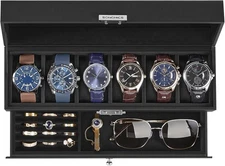 6-Slot Watch Box Lockable Watch Case with Glass Lid 2 Layers with 1 Drawer fo...