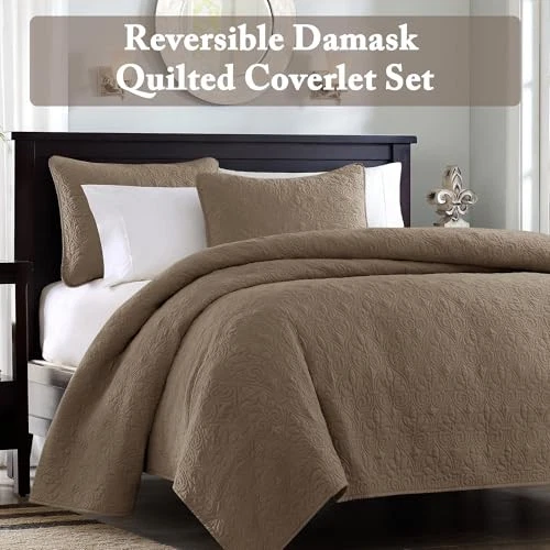  Quebec Quilt Set - Luxurious Damask Stitching Design, Cotton Full/Queen Mocha - Image 3 of 4