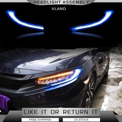 VLAND LED Projector 2*Headlights Blue DRL For 2016-2021 Honda Civic W/Sequential