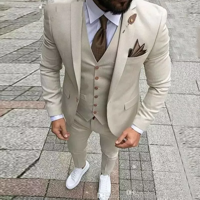 Beige Men Slim Fit Suits Groom Tuxedos Wedding Prom Party Formal Business Custom