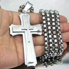 Huge Stainless Cross Men's Necklace Pendant Heavy Large Silver Polished 3 Layer