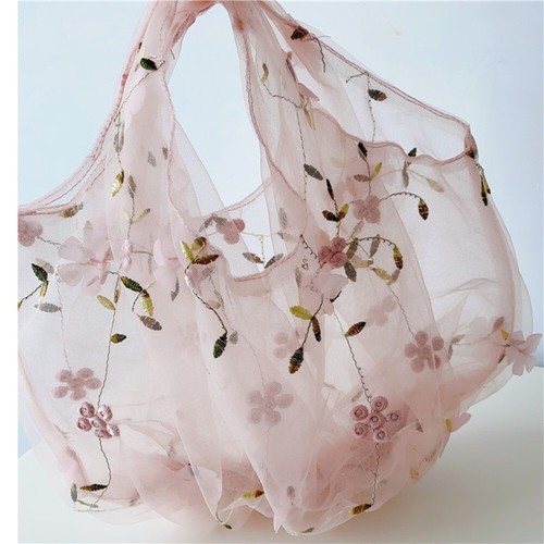 Silk Flowers Embroidery Handbag Little Fresh Mesh Shopping Bag - Picture 14 of 17