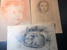 Vintage 1930's Original Art Pencil Drawings of a Cat Girl Child - Lot of 3