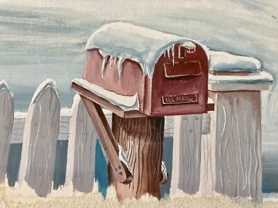 Vintage 40s 50s SIGNED Painting Red Barn Tree Landscape Winter
