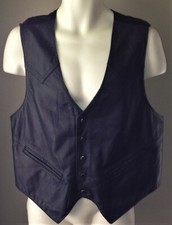 VINTAGE Mens WESTERN FRONTIER Black LEATHER VEST L Snaps COWBOY Large BIKER