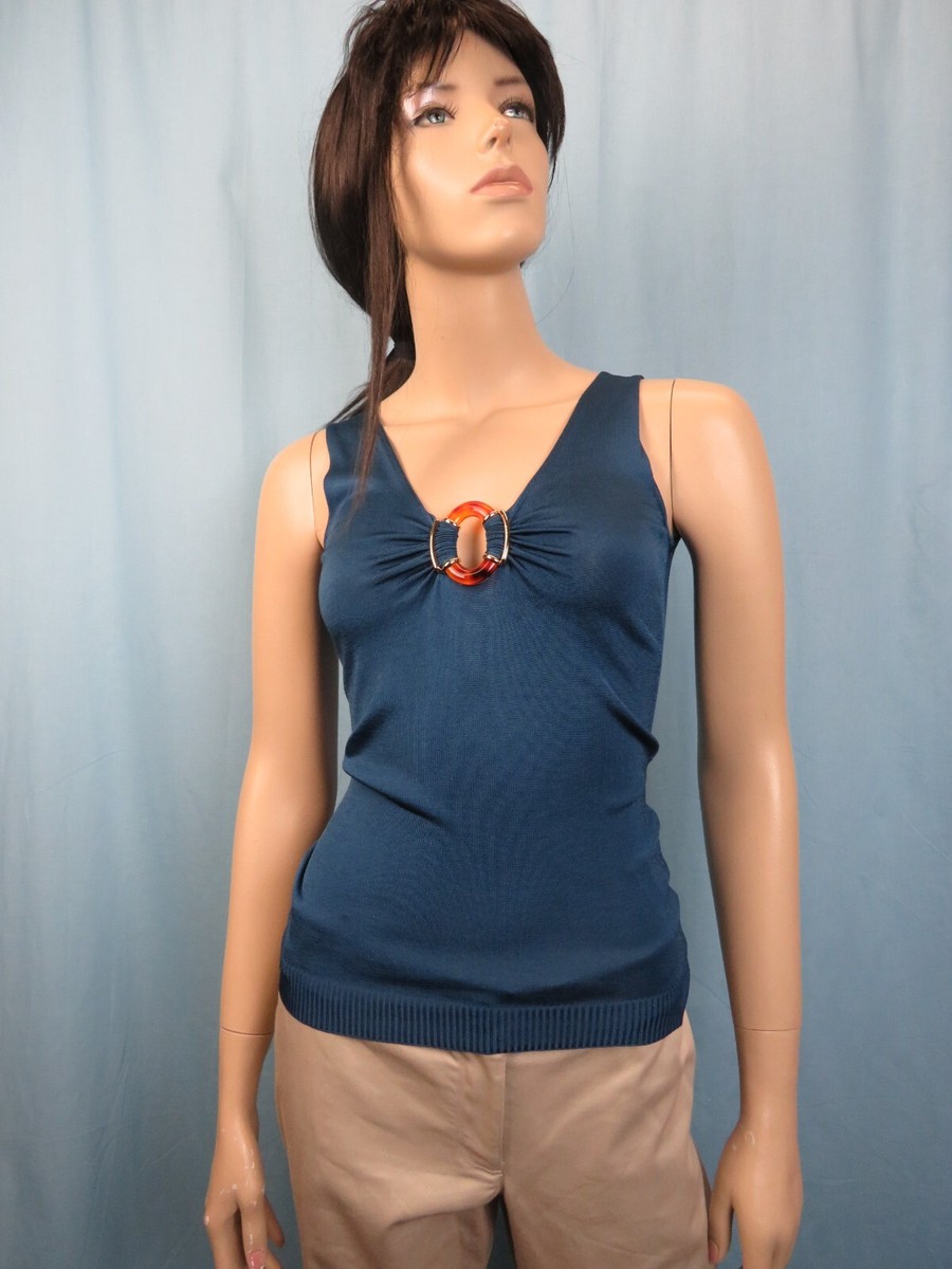 GUCCI - 美品　GUCCIタンクトップ　38 NWT GUCCI BLUE SLEEVELESS TANK TOP GOLD AMBER LOGO BROOCH 38