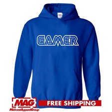 GAMER SEGA FONT BLUE HOODIE Gaming Sweatshirt Sonic Retro Video Game Console Bit
