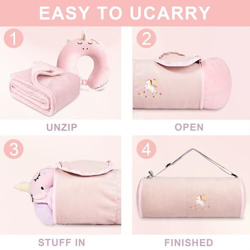 Manta y almohada de viaje para niños - Manta de avión rosa suave premium con ajuste... - Imagen 5 de 7