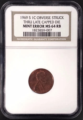 1969 S Lincoln Cent, Obv. Struck Thru, Late Capped Die, NGC Mint Error MS 64 RB!