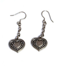 Sterling Silver Stamped925 Heart w/chain Dangle Earrings Hook for Pierced Ears