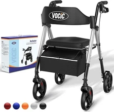 VOCIC Foldable Rollator Walker for Seniors Padded Seat Backrest 8" Wheel Silver