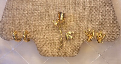 Vintage Estate  Gold Tone Delicate Rose Flower Brooch Pin & 2 pr Clip Earring
