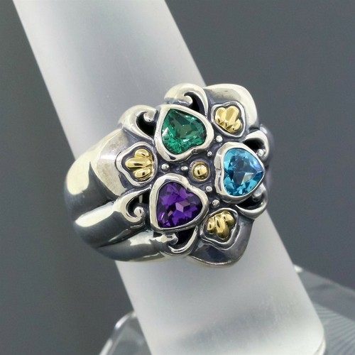 BJC Silver & 18K Yellow Gold 3-Stone Amethyst,Peridot,Topaz Heart Ring Size 6.75 - Picture 2 of 5