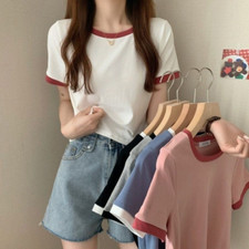 Women's Top Contrast Round Neck Short Sleeve T-shirt Summer Slim Fit Short Top