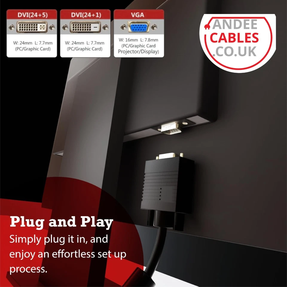 2m DVI-A to S-VGA Cable Connects PC Laptop to Monitor VGA VIDEO Lead Gold Analog - Image 4 of 4