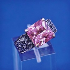 sz 8.25 vtg WS Sterling silver handmade statement ring, 925 w/ pink crystal
