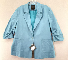 NWT Mina Self Fully Lined Blue  Teal 100 Cotton Blazer Ruched Sleeves Size XL
