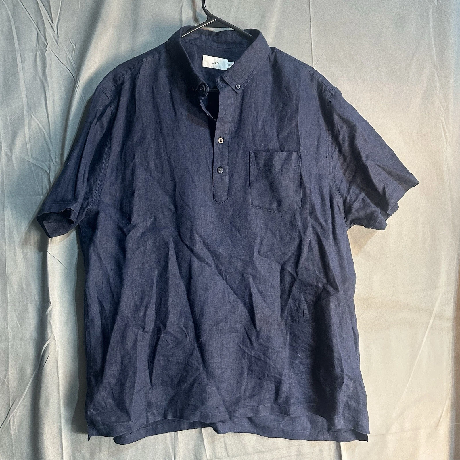 Onia Size XLarge Navy Blue Air Linen Button Short Sleeve Shirt Resort Preppy