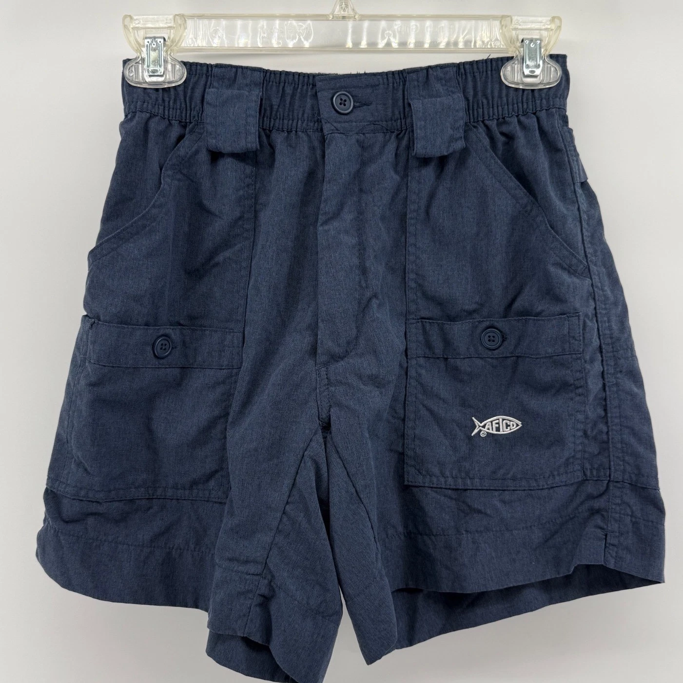 AFTCO Mens Original Fishing Shorts Navy Blue Nylon Size 28 Elastic Waist Cargo