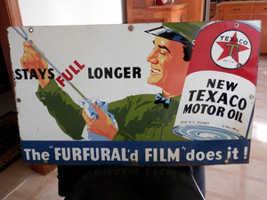 100% ORIGINAL 1936 TEXACO MOTOR OIL FURFURAL'D FILM SIGN~30" x18" ~very nice~