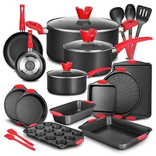 Cookware Set W/Heat Red Silicone Handles, Oven Safe, 21 Piece Set, Black