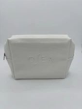 OSEA White Logo Faux Leather Zip Clutch - Makeup Cosmetic Toiletry Bag - Travel 