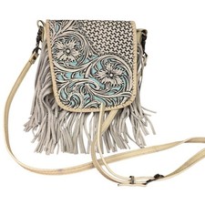 Montana West Ivory Blue Fringe Tooled Western Crossbody Purse Floral Bag Small