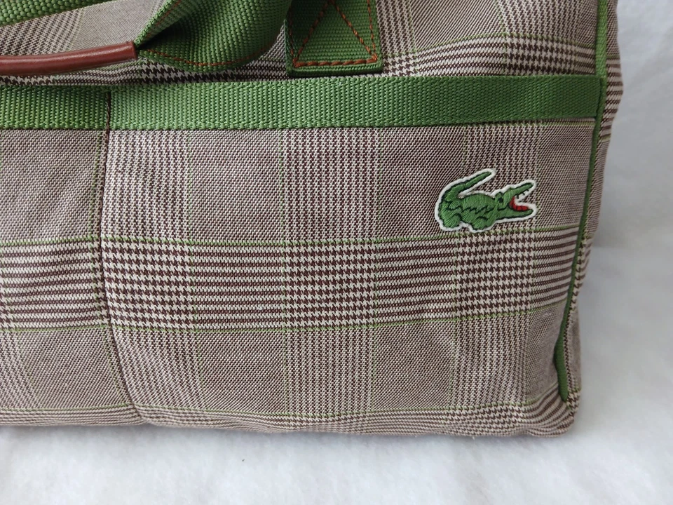 Bolso de Mano de Hombro LACOSTE Vintage Estilo Lona Bolso de Mano (A Cuadros con Verde) Nuevo Foto 4 de 4
