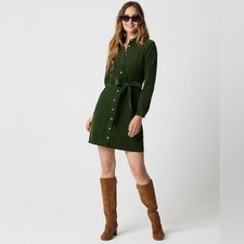 J.Crew Long-sleeve corduroy shirt-dress Pine Green Belted Button Front 4 NWT
