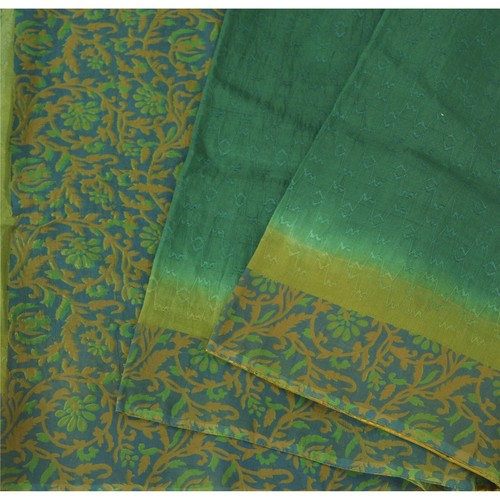 Sanskriti Vintage Blue/Green Sarees Cotton Silk Block Printed Woven Sari Fabric - Picture 8 of 12