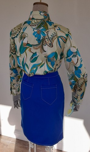 70er Jahre Bluse blau Blumen Paisley Satin Dolchkragen Bluse Uk 14 - Bild 8 von 12