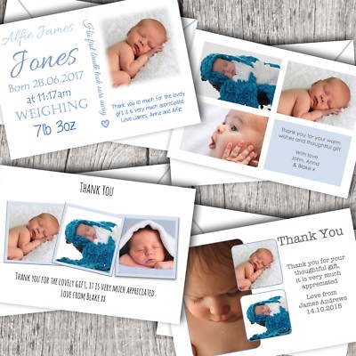 Personalisierte FOTO Dankeskarten ~ Ankündigung/Taufe ~ Neu Baby Junge D1