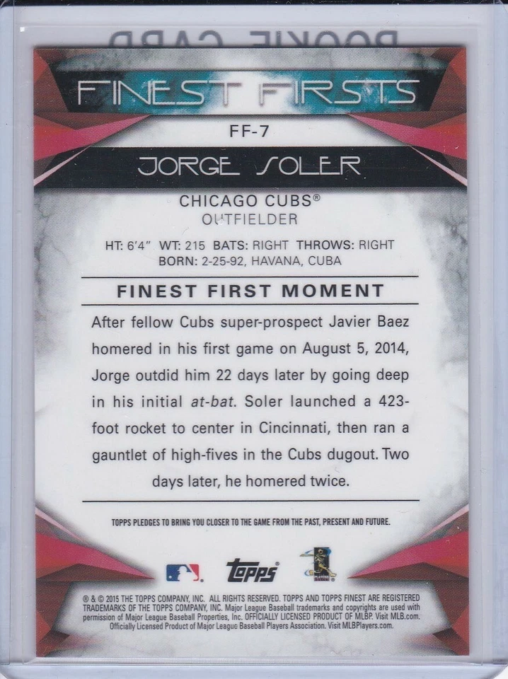 Tarjeta de novato Jorge Soler 2015 Topps Finest First #FF-7 béisbol RC Cubs ¡BUENOS! Foto 2 de 2