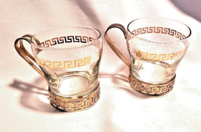 Set of 2 Vintage Bar Glasses with Greek Scroll design & Metal handles