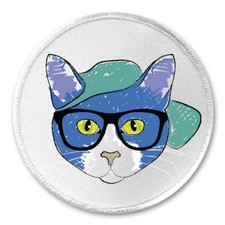 Hipster Cool Blue Cat - 3" Sew / Iron On Patch Meow Kitten Kitty Gift Present