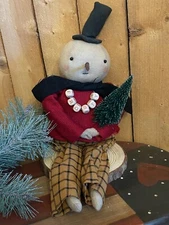 Primitive Snowman Figure winter Christmas doll decor, bottle brush tree, top hat