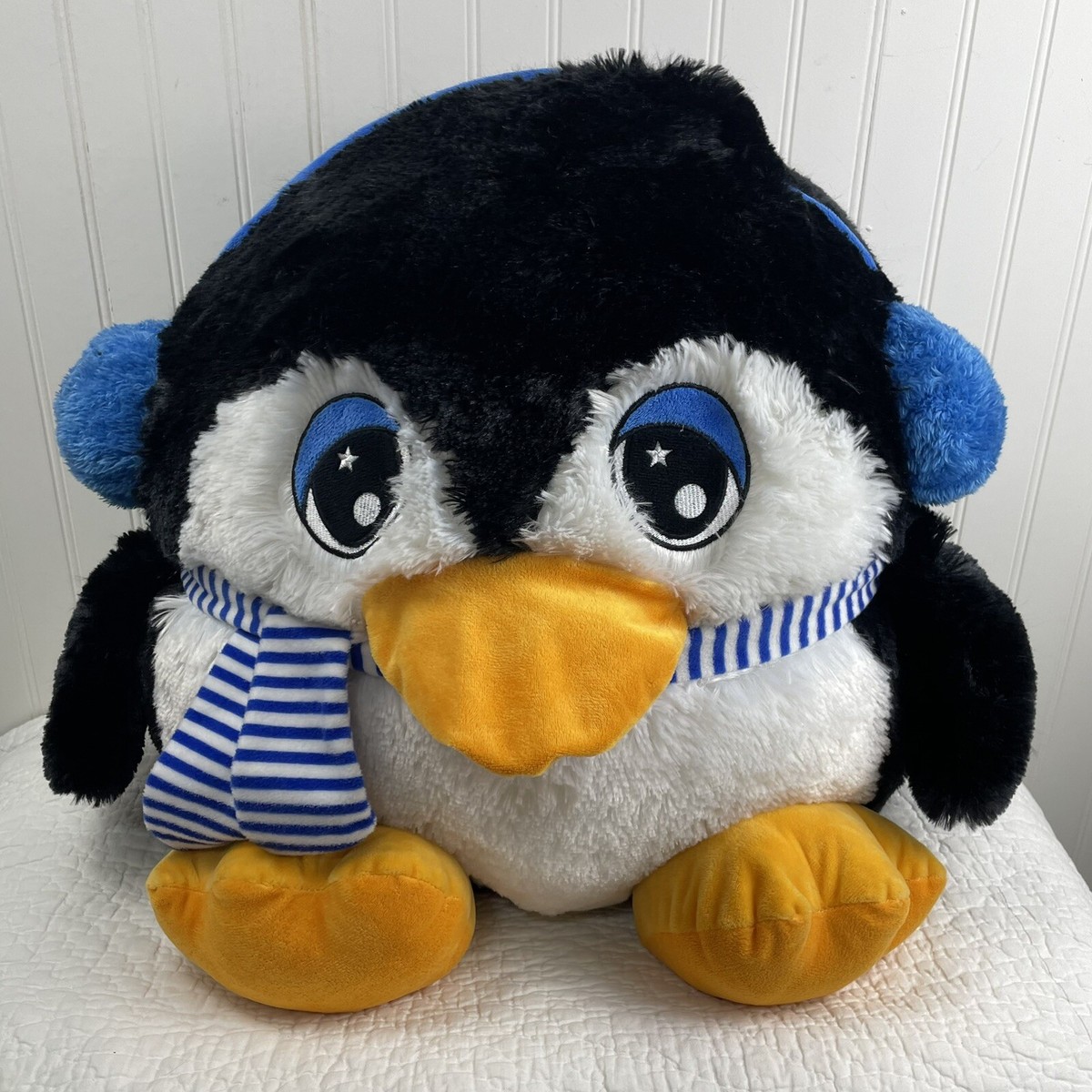 VTG LARGE WIDE Hug Luv Penguin Plush Pillow Toy Black Blue