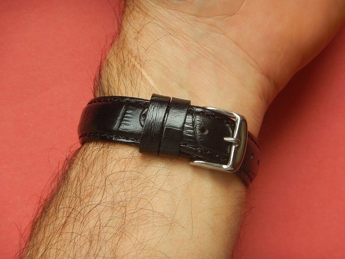 16 mm TRES BEAU BRACELET VEAU VERITABLE FACON ALLIGATOR "LOUISIANA" NOIR COUSU - Imagen 6 de 13